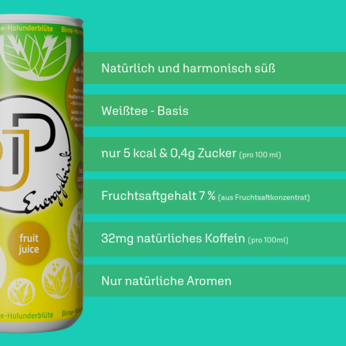 JP Energydrink Birne-Holunderblüte Eigenschaften JP Energydrink Birne-Holunderblüte - Kalorienarme Erfrischung mit Weißtee und natürlichem Fruchtsaft.