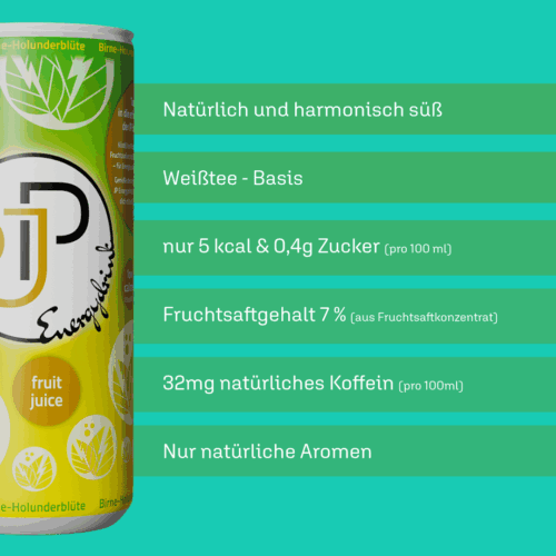 JP Energydrink Birne-Holunderblüte Eigenschaften JP Energydrink Birne-Holunderblüte - Kalorienarme Erfrischung mit Weißtee und natürlichem Fruchtsaft.