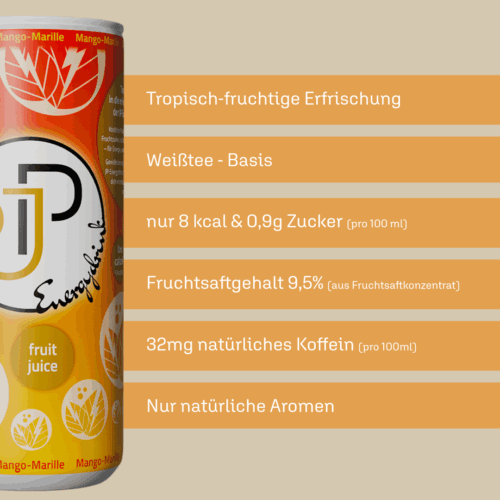 JP Mango-Marille Eigenschaften JP Energydrink Mango-Marille - Kalorienarme Erfrischung mit Weißtee und natürlichem Fruchtsaft.
